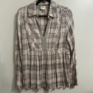 Knox Rose Women's Raw Trim Plaid Long Roll Sleeve Collared Popover Pink Top Sz M